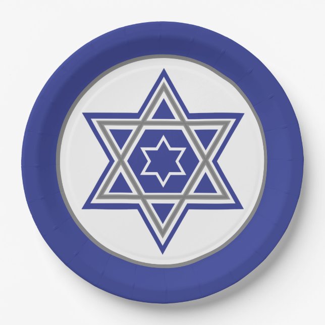 Blue & White Multiple Stars of David Design Paper Plates (Front)