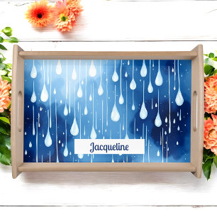 Blue White Nature Rain Drops Painting Serving Tray