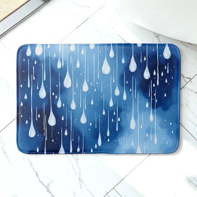 Blue White Nature Raindrops Pattern Bath Mat (Creator Uploaded)
