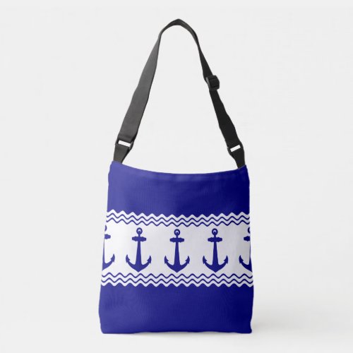 Blue White Nautical Anchor Coastal Stripes Crossbody Bag