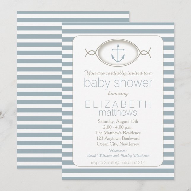 Blue White Nautical Anchor Striped Boy Baby Shower Invitation (Front/Back)