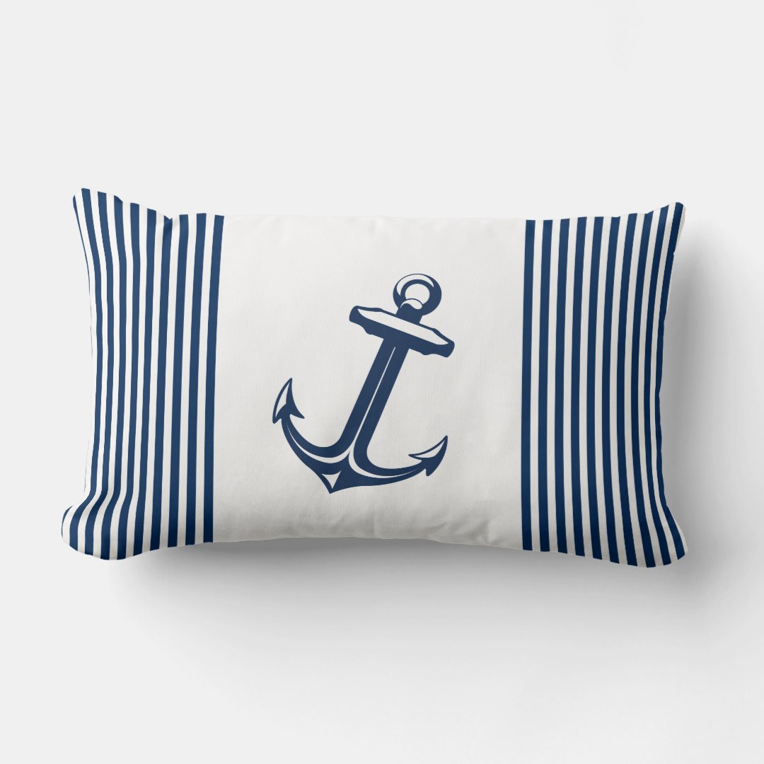 Blue White Nautical Anchor Stripes Lumbar Pillow 