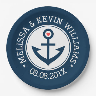 Blue & White Nautical Boat Anchor Wedding Design Paper Plates