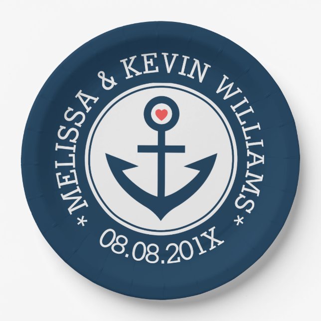 Blue & White Nautical Boat Anchor Wedding Design Paper Plates (Front)