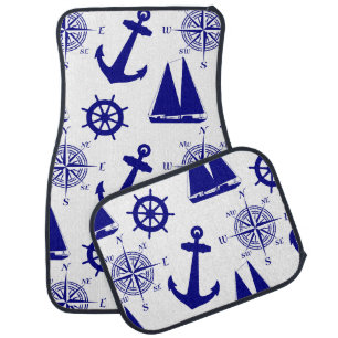 Blue White Nautical Coastal Boating Car Floor Mat