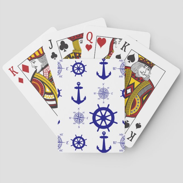Blue White Nautical Coastal Boating Poker Cards (Back)
