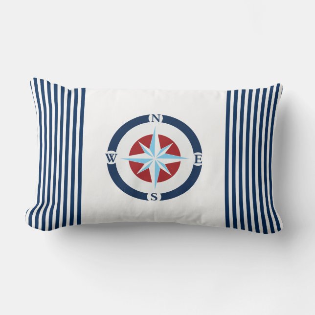 Blue White Nautical Compass Stripes Lumbar Pillow (Front)