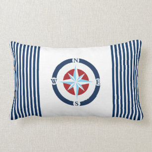 Blue White Nautical Compass Stripes Lumbar Pillow