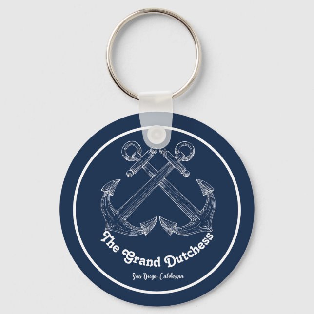 Blue White Nautical Custom Anchor Boat Name Design Keychain (Front)