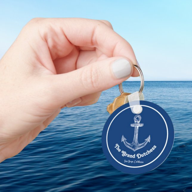Blue White Nautical Custom Anchor Boat Name Design Keychain (Creator Uploaded)