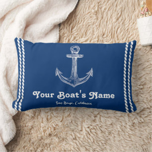 Blue White Nautical - Custom Anchor Boat Name  Lumbar Pillow