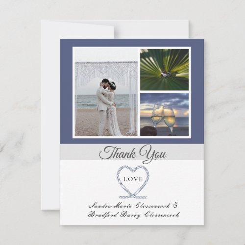 Blue White Nautical Heart Anchor Wedding Photo Tha Thank You Card