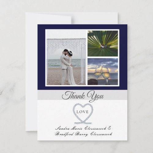 Blue White Nautical Heart Anchor Wedding Photo Tha Thank You Card