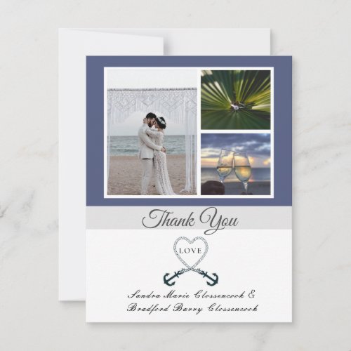 Blue White Nautical Heart Anchor Wedding Photo Thank You Card