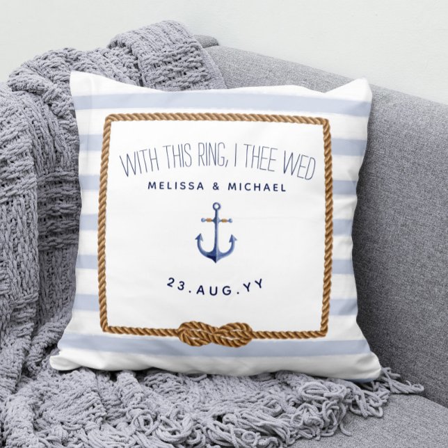 Blue & White Nautical Knot Ring Bearer Wedding Throw Pillow (Nautical Wedding Ring Bearer Pillow with White and Pastel Blue Nautical Stripes and Infinity Knot)