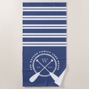 Blue White Nautical Lake House Monogram Beach Towel