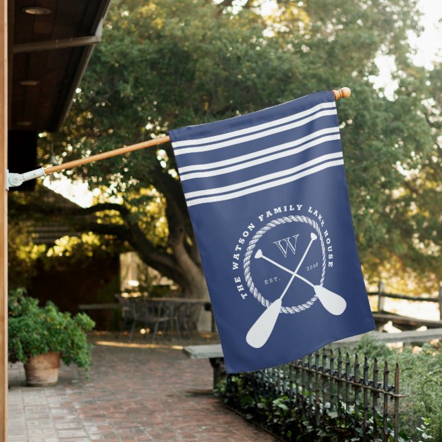 Blue White Nautical Lake House Monogram House Flag (In SItu)