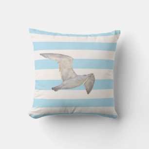 Blue white nautical pastel stripes seagull bird outdoor pillow