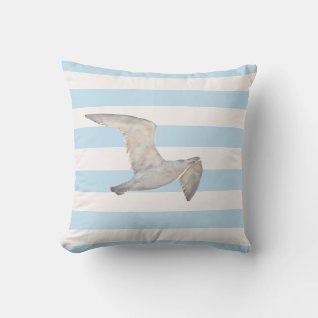 Blue white nautical pastel stripes seagull bird outdoor pillow (Front)