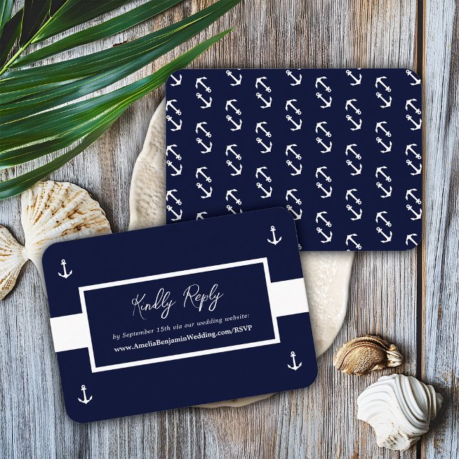 Blue White Nautical Pattern Website Wedding RSVP Enclosure Card (Creator Uploaded)