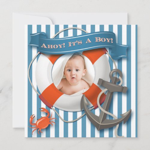 Blue, White Nautical Photo Baby Shower Invitation