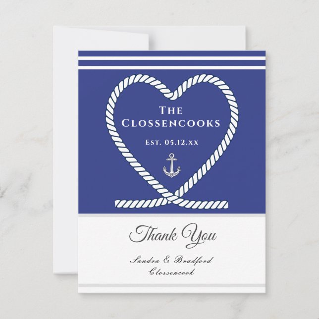 Blue White Nautical rope Heart Anchor Wedding   Thank You Card (Front)