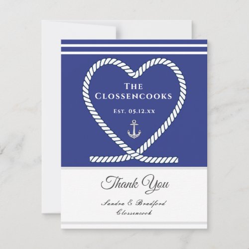 Blue White Nautical rope Heart Anchor Wedding   Thank You Card