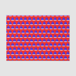 Blue White Nautical Sail Boats on Red Tissue Paper