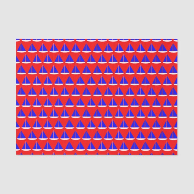 Blue White Nautical Sail Boats on Red Tissue Paper (Front)