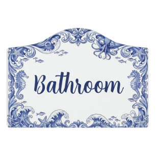 Blue White Nautical Sea Ocean Beach House Bathroom Door Sign