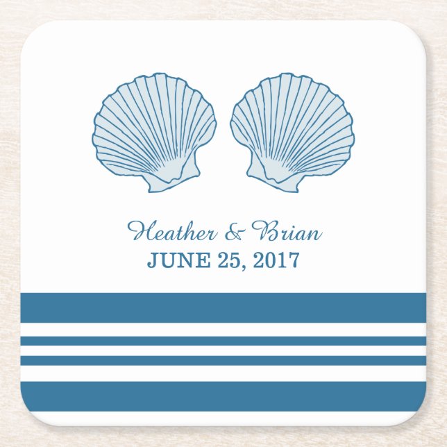 Blue White Nautical Seashells Paper Coasters (Front)