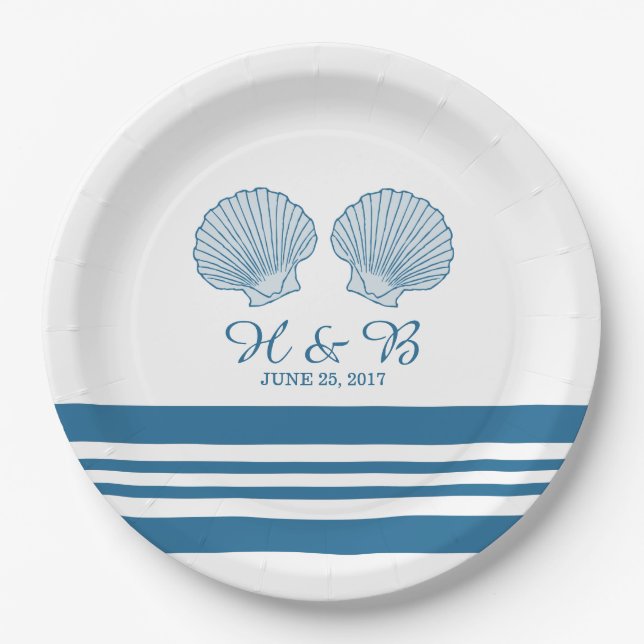 Blue White Nautical Seashells Paper Plates (Front)