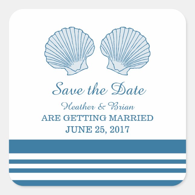 Blue White Nautical Seashells Save the Date Square Sticker (Front)