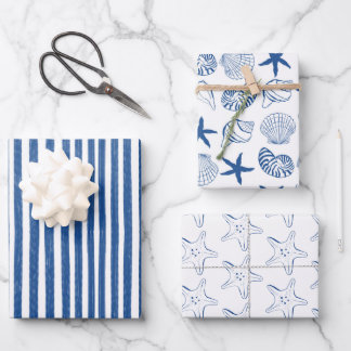 Blue & White Nautical shells and stripes Wrapping Paper Sheets