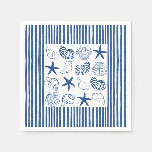 Blue & White Nautical stripes and shells Napkins (Front)