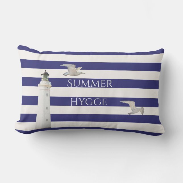 Blue white nautical stripes lighthouse gulls lumbar pillow (Front)