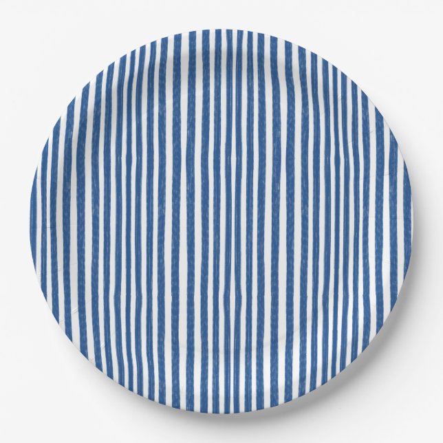Blue & White Nautical stripes  Paper Plates (Front)