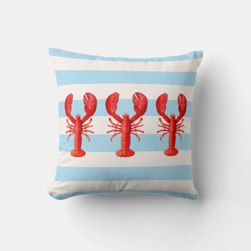 Blue white nautical stripes red lobsters throw pillow