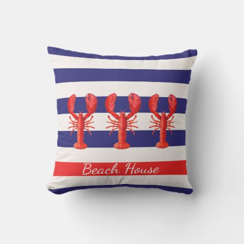 Blue white nautical stripes red lobsters throw pillow