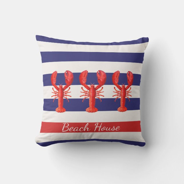 Blue white nautical stripes red lobsters throw pillow (Front)