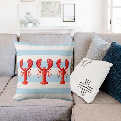 Blue white nautical stripes red lobsters throw pillow