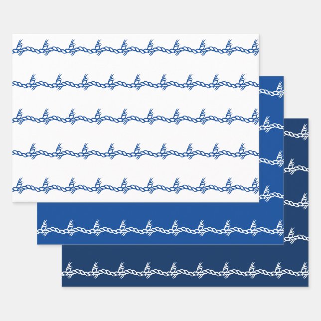 Blue white nautical waves 3 gift wrapping paper (Set)