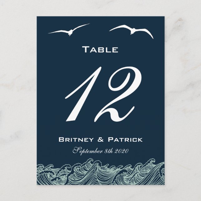 Blue & White Nautical Wedding Table Number Cards (Front)
