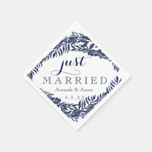 Blue White Navy Floral Gray Just Married Napkins