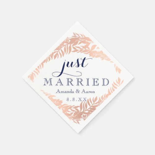 Blue White Navy Floral Rose Gold Just Married Napkins
