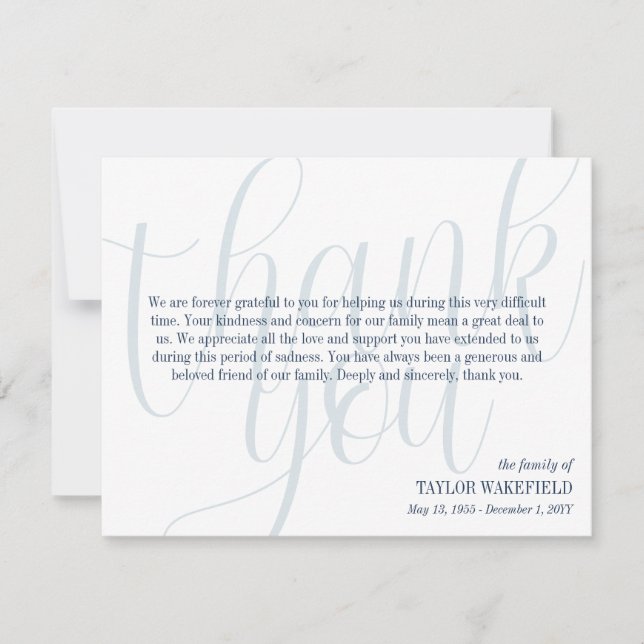 Blue White Navy Script Sympathy Thank You Card (Front)