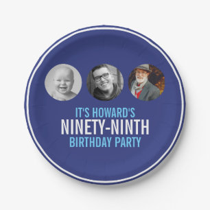Blue white ninety-ninth 99th birthday party paper plates