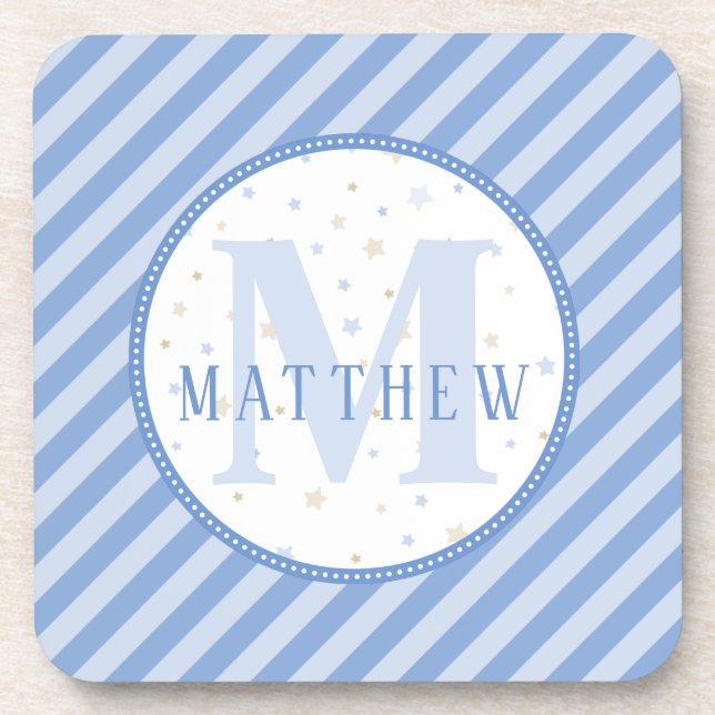 Blue & White Nursery Decor. Monogram Beverage Coaster (Front)