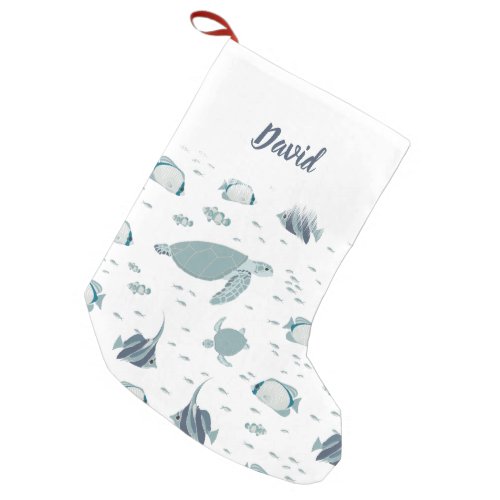 Blue White Ocean Theme Turtles and Fishes Small Christmas Stocking