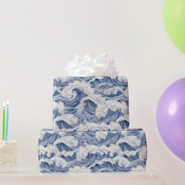 Blue White Ocean Waves Birthday Wrapping Paper (Party Gifts)